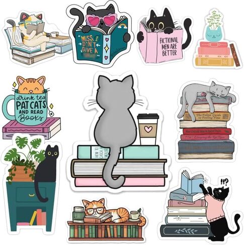 1step2dream Book Cat Stickers for Readers - Cute Bookish Sticker Set for Kindle & Laptop, Ideal Gift for Book Lovers and Cat Lovers, Library & Reading Themed Decals in Saudi Arabia