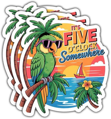3 Pcs It's Five O'Clock Somewhere Parrot Sticker Tropical Sunset Beach in Kuwait