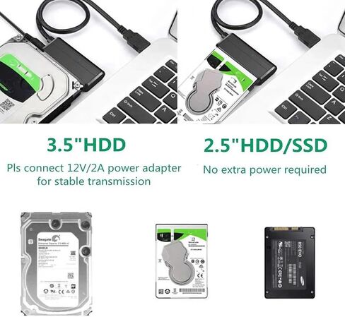 USB 3.0 to SATA Adapter Cable, 2.5"/3.5" HDD SSD Converter, UASP 5Gbps, 12V/2A Power Adapter Included, for WD Seagate Toshiba Samsung Hitachi, Windows Mac PS4 Compatible in Saudi Arabia