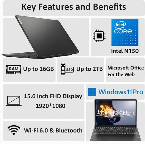 Customized Lenovo V15 Business Laptop 2026 Edition, Powerful Intel Processor, 15.6" FHD Display, 8GB / 16GB / 32GB DDR5 RAM, 256GB / 512GB / 1TB / 2TB SSD, Wi-Fi 6, RJ-45, Windows 11 Pro in Kuwait