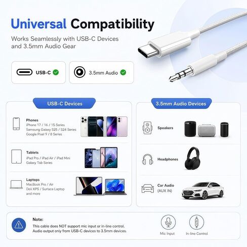 USB C to 3.5mm Audio Cable for Car Stereo, Speakers & Headphones Jack to USB C, AUX to USB C Cord Compatible with iPhone 15/16/17/16e/17e, iPad, Samsung, Bose, JBL, Beats, Soundcore,Sony & Sennheiser in Saudi Arabia