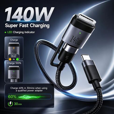 USB-C to Magnetic Charging Cable (2 Meters), 140W Fast Charging, Compatible with MacBook Air and MacBook Pro, Magnetic Connection, Braided Cable – Black in Saudi Arabia