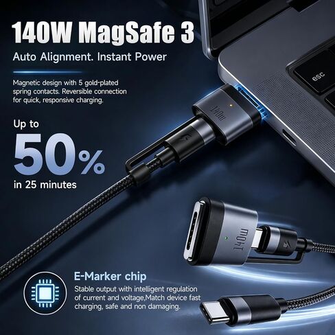 USB-C to Magnetic Charging Cable (2 Meters), 140W Fast Charging, Compatible with MacBook Air and MacBook Pro, Magnetic Connection, Braided Cable – Black in Saudi Arabia