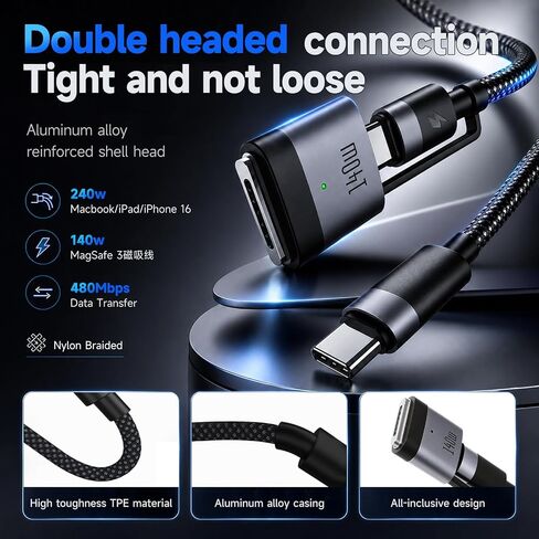 USB-C to Magnetic Charging Cable (2 Meters), 140W Fast Charging, Compatible with MacBook Air and MacBook Pro, Magnetic Connection, Braided Cable – Black in Saudi Arabia
