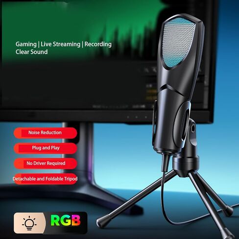 Gaming USB Microphone, RGB Condenser Computer Mic with Tripod Stand, Desk Noise Reduction Mic for Gaming Streaming Podcasting Recording Singing, Plug and Play in Saudi Arabia