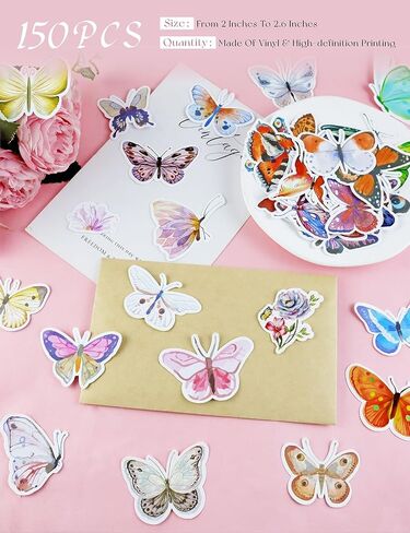150 PCS Butterfly Stickers, Colorful Waterproof Stickers, Self-Adhesive Vinyl Stickers for Laptop Scrapbook Window Water Bottle, Aesthetic Decals for Party Decoration, Gifts for Teens, Adults in Saudi Arabia