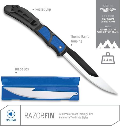 OUTDOOR EDGE Razor-Fin | 5" Razor Sharp Replaceable Blade Folding Fillet Knife with Pocket Clip, 3 Fillet Blades, 1 Gut Hook Blade and Blade Storage Box | Filet Knife For Fish, Awesome Fishing Gift in Saudi Arabia