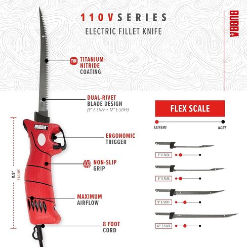 BUBBA 110V Electric Fillet Knife with Non-Slip Grip Handle, 4 Ti-Nitride S.S. Coated Non-Stick Reciprocating Blades, 8' Cord and Storage Case for Fishing in Saudi Arabia
