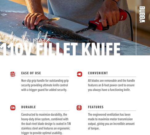 BUBBA 110V Electric Fillet Knife with Non-Slip Grip Handle, 4 Ti-Nitride S.S. Coated Non-Stick Reciprocating Blades, 8' Cord and Storage Case for Fishing in Saudi Arabia