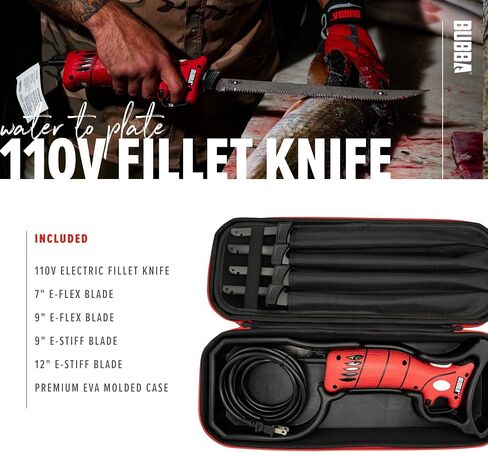 BUBBA 110V Electric Fillet Knife with Non-Slip Grip Handle, 4 Ti-Nitride S.S. Coated Non-Stick Reciprocating Blades, 8' Cord and Storage Case for Fishing in Saudi Arabia
