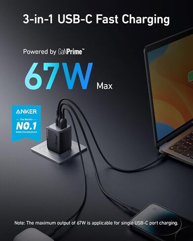 Anker Prime 67W USB C Charger, Anker GaN 3-Port Compact Fast PPS Wall Charger, USB C Cable, Type-C 60W Fast Charging Cable in Saudi Arabia