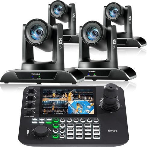 Tenveo PTZ Camera Bundle/Kits - 20X AI Humanoid & Face Auto-Tracking NDI PTZ Camera(4pcs) with HDMI/USB3.0/LAN(PoE) and 7’’ LCD Quad-Screen NDI PTZ Joystick Controller for Church Event Live Streaming in Saudi Arabia