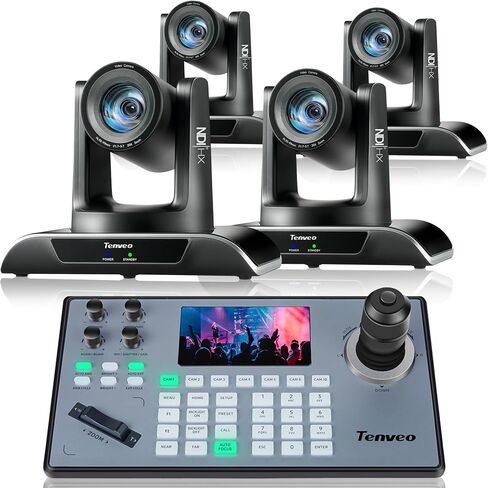Tenveo PTZ Camera and Controller Bundle/Kits - 20X NDI AI Auto-Tracking PTZ Camera(4pcs) with HDMI/USB3.0/LAN(PoE) and NDI PTZ Controller Joystick Controller for Church Worship Service Live Streaming in Saudi Arabia