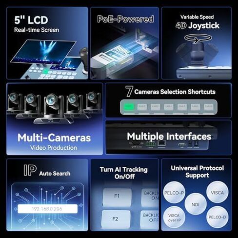 Tenveo PTZ Camera and Controller Bundle/Kits - 20X NDI AI Auto-Tracking PTZ Camera(4pcs) with HDMI/USB3.0/LAN(PoE) and NDI PTZ Controller Joystick Controller for Church Worship Service Live Streaming in Saudi Arabia