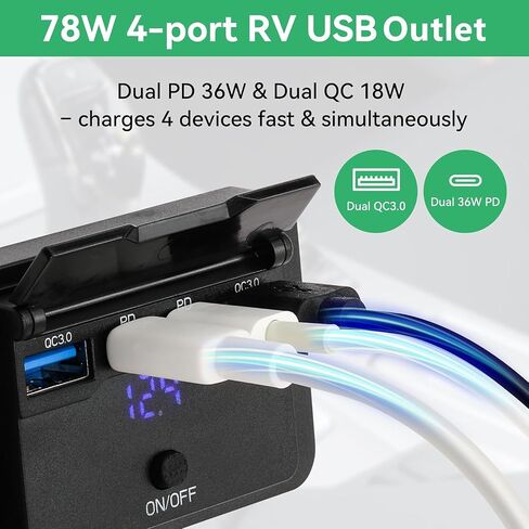 78W 12V USB Outlet, Dual PD 36W and Dual QC3.0, Voltmeter, Switch in Saudi Arabia