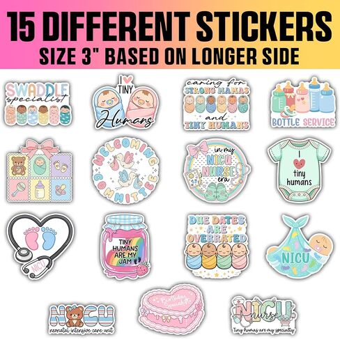 VOTANTA (15 Pcs, 3 inch) - NICU Nurse Stickers Pack, Funny Labor and Delivery Sticker, Cute Neonatal ICU Nurse Tiny Human Medical Birthday Specialist Gift Decoration for Laptops, Phones, Water Bottles in Saudi Arabia