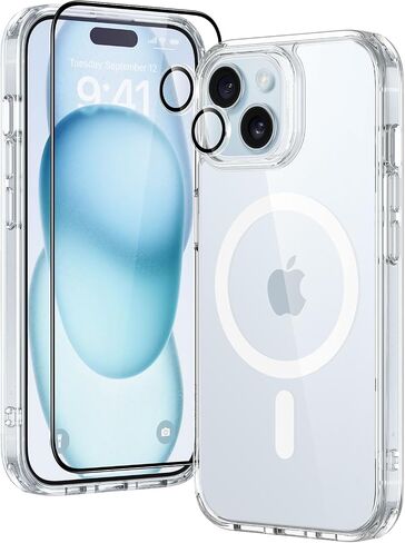مجموعة حافظات ESR لهاتف iPhone 15 Pro، 1 واقي شاشة من الزجاج المقسى، 1 مجموعة من واقيات العدسات، حماية من الدرجة العسكرية، حافظة هاتف MagSafe مقاومة للاصفرار والخدش، سلسلة كلاسيكية، شفاف in Kuwait