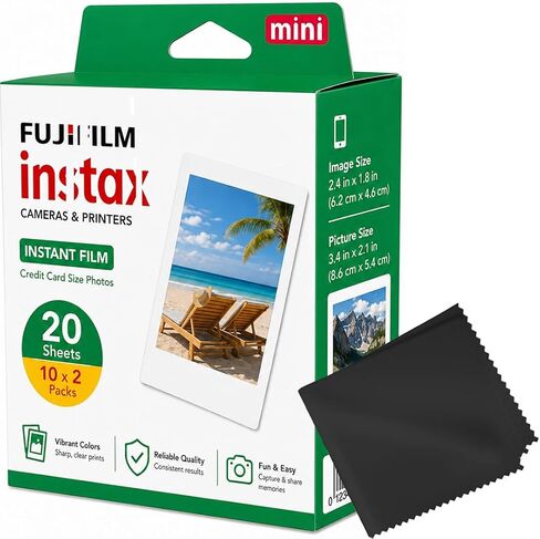 Fujfilm Camera Film Replacement for Fujifilm Instax Mini Instant Camera Film: 20 Shoots Total (10 Sheets x 2) with Microfiber Cleaning Cloth in Saudi Arabia