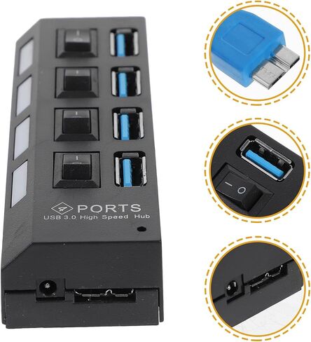 Usb3.0 Hub 4 Port USB Extender with Control Button, 5gbps Black in Saudi Arabia
