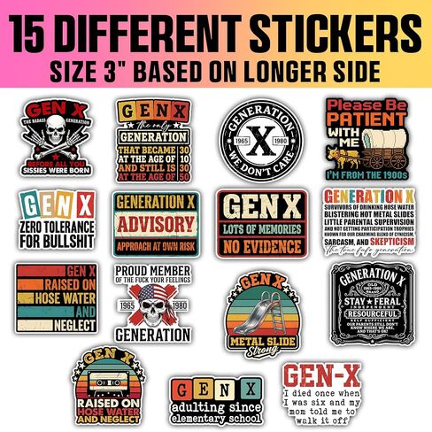 VOTANTA (15 Pcs, 3 inch) - Funny Gen X Stickers Pack, Gen X Raised On Hose Water and Neglect Stickers, Generation X Skeleton Adult Humor Sarcastic Gifts Decoration for Laptops, Phones, Water Bottles in Saudi Arabia