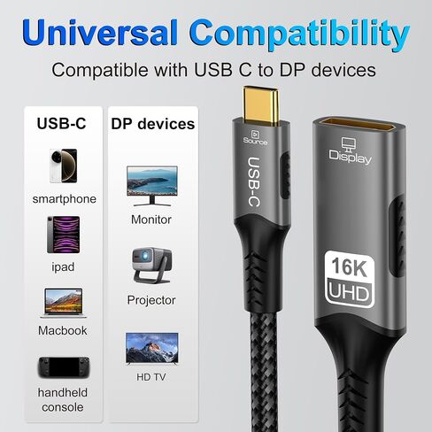 USB C to DisplayPort 2.1 Adapter Cable，16K@60Hz 8K@120Hz 48-bit Color Depth 80Gbps Thunderbolt 5/4 to Display Port Compatible with iPhone 17 ProMax, MacBook Pro/Air/Mini, iPad, Gaming Monitor in Saudi Arabia