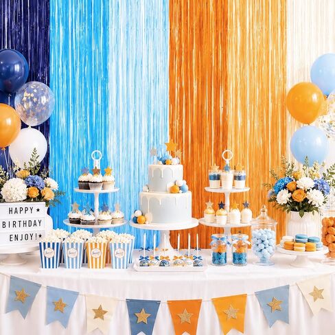 2 Pack Blue and Orange Themed Foil Fringe Curtains Party Decorations Backdrop, Photo Booth Background Supplies, Birthday Party Door Curtain Decor in Saudi Arabia