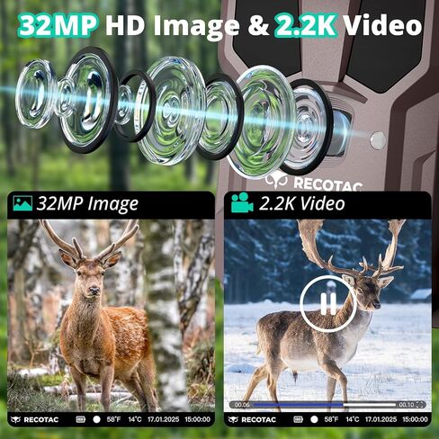 RECOTAC Sense Cellular Trail Camera - 32MP 1296P Game Camera with AI Photo Upscale,4G LTE Trail Cam No WiFi Need,No Glow Night Vision Motion Activated 0.2s Trigger Time Trail Cam for Outdoor Wildlife in Kuwait