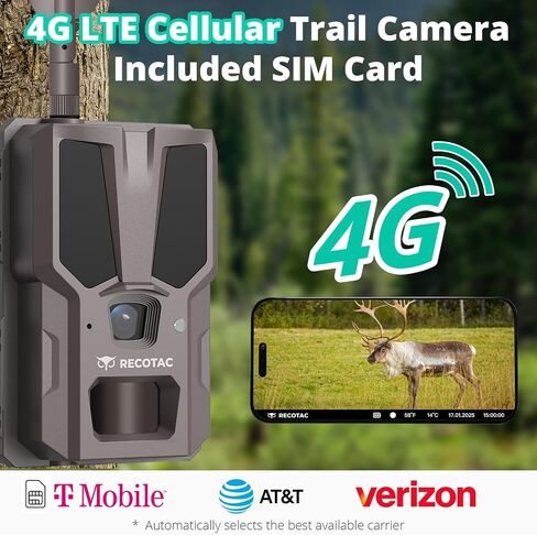 RECOTAC Sense Cellular Trail Camera - 32MP 1296P Game Camera with AI Photo Upscale,4G LTE Trail Cam No WiFi Need,No Glow Night Vision Motion Activated 0.2s Trigger Time Trail Cam for Outdoor Wildlife in Kuwait