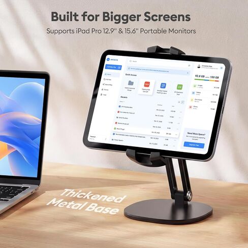 حامل MAGJIEYX iPad للمكتب، حامل شاشة محمول، قاعدة ألومنيوم شديدة التحمل، حامل شاشة كبير يناسب شاشات محمولة تصل إلى 15.6 بوصة، مشبك دوار لتثبيت الكمبيوتر اللوحي للمنزل والمطبخ والمكتب وحامل سطح المكتب in Kuwait