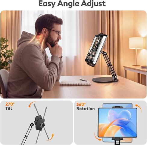 حامل MAGJIEYX iPad للمكتب، حامل شاشة محمول، قاعدة ألومنيوم شديدة التحمل، حامل شاشة كبير يناسب شاشات محمولة تصل إلى 15.6 بوصة، مشبك دوار لتثبيت الكمبيوتر اللوحي للمنزل والمطبخ والمكتب وحامل سطح المكتب in Kuwait