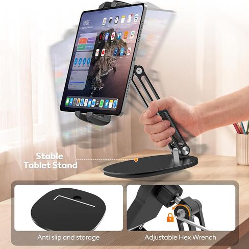 حامل MAGJIEYX iPad للمكتب، حامل شاشة محمول، قاعدة ألومنيوم شديدة التحمل، حامل شاشة كبير يناسب شاشات محمولة تصل إلى 15.6 بوصة، مشبك دوار لتثبيت الكمبيوتر اللوحي للمنزل والمطبخ والمكتب وحامل سطح المكتب in Kuwait