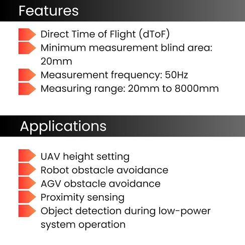 AERO SELFIE Infrared Ranging Module CV08 for Drones and Robotics ranging 20-8000mm with dToF Technology, 50Hz Frequency, UART/I2C Interface, 0.6g, 940nm wavelength in Saudi Arabia