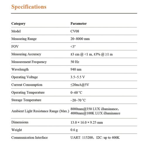 AERO SELFIE Infrared Ranging Module CV08 for Drones and Robotics ranging 20-8000mm with dToF Technology, 50Hz Frequency, UART/I2C Interface, 0.6g, 940nm wavelength in Saudi Arabia