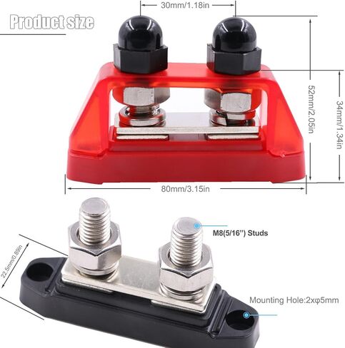 Bus Bar 12V 250A Positive and Negative Busbar Power Distribution Block, Dual 5/16" (M8) Posts Battery Terminals Blocks, 2 Studs Bus Bars Small with Cover 250 Amp 48V DC, Red& Black 2 Pack in Saudi Arabia