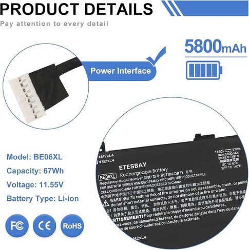 بطارية كمبيوتر محمول BE06XL متوافقة مع HP Elitebook 1040 G4 HSTNN-IB7V HSTNN-DB7Y 918045-1C1 918045-171 918045-2C1 918108-855 HSN-Q02C 11.55V 67Wh/5800mAh in Kuwait
