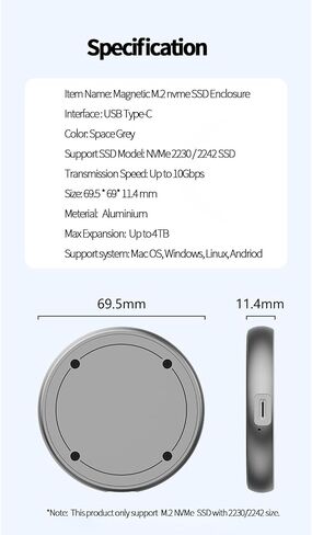 Magnetic M.2 NVMe SSD Enclosure, 10Gbps Aluminum NVMe SSD Case with USB 3.2 Gen2 Support 2230/2242 SSD,USB-C External SSD Case Compatible with iPhone 15 Pro/Max ProRes HDR Video Recording in Saudi Arabia