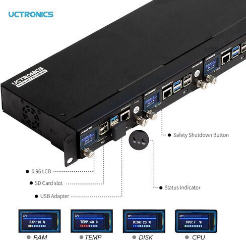 UCTRONICS Raspberry Pi Rack Pro, 2 × M.2 NVMe SSD Base for Pi5, 2 x SATA Shields for Pi4, with 4pcs Safe Shutdown and 0.96" Color LCD in Saudi Arabia
