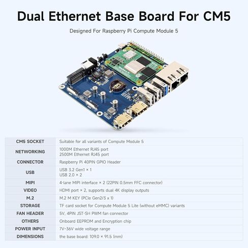 Waveshare Gigabit / 2.5G Dual Ethernet Base Board, Compatible with Raspberry Pi CM5. Dual RJ45 Ethernet, Dual 4K Display, Dual MIPI, 40Pin GPIO Header, with Board, Metal Case and Power Supply in Saudi Arabia