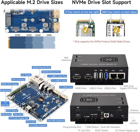 Waveshare Gigabit / 2.5G Dual Ethernet Base Board, Compatible with Raspberry Pi CM5. Dual RJ45 Ethernet, Dual 4K Display, Dual MIPI, 40Pin GPIO Header, with Board, Metal Case and Power Supply in Saudi Arabia