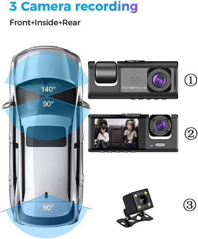 Shkalacar Dash Cam Front & Inside & Rear Camera, 1080P DVR Car Dashboard Camera with Night Vision 2 Inch Screen Dashcam Support Night-Vision Loop Recording One-Key Lock in Saudi Arabia