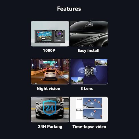 Shkalacar Dash Cam Front & Inside & Rear Camera, 1080P DVR Car Dashboard Camera with Night Vision 2 Inch Screen Dashcam Support Night-Vision Loop Recording One-Key Lock in Saudi Arabia