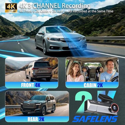 3-Channel Dash Cam Front and Cabin and Rear, 4K+2K+2K, Free 64GB Card in Saudi Arabia