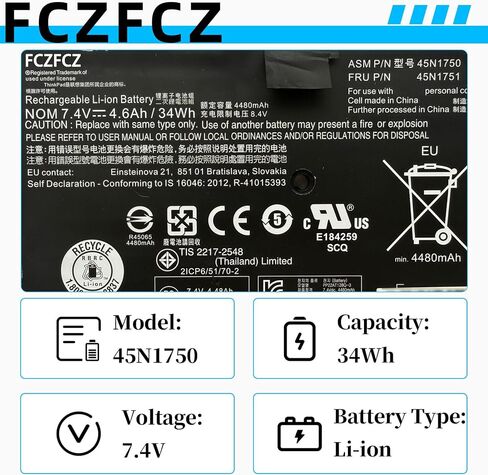 بطارية 45N1750 34Wh 4600mAh بديلة لجهاز Lenovo ThinkPad 11e 20DA 20E6 20E8 20ED 20EE / Chromebook 20DB 20DU / Yoga 11e 20E5 20E7 20D9 Series 45N1751 45N1748 45N1749 7.4V 4-خلية in Kuwait