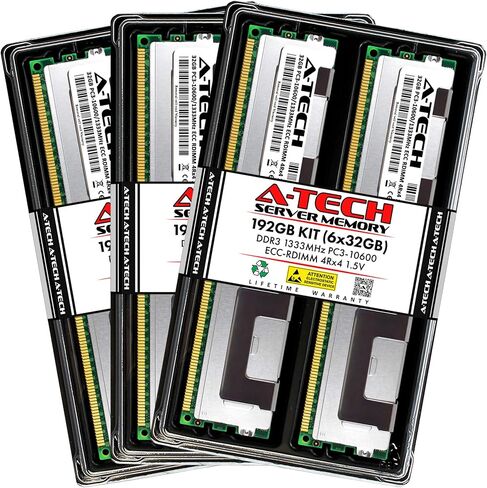 A-Tech 192GB Kit (6x32GB) RAM for Dell PowerEdge R320, R510, R710, T710 | DDR3 1333MHz PC3-10600 ECC RDIMM 4Rx4 1.5V Registered Server Memory Upgrade in Saudi Arabia