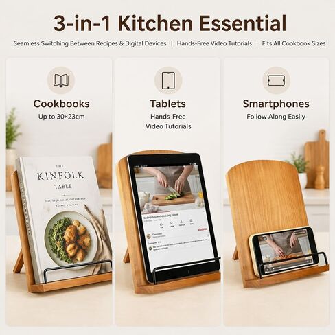 Cookbook Stand for Kitchen Counter, Adjustable Recipe Book Holder, Wood Stand Easily Keeps Cook or Recipe Books Open for Convenient Cooking, Fits Your Tablet and Kitchen Decor in Saudi Arabia