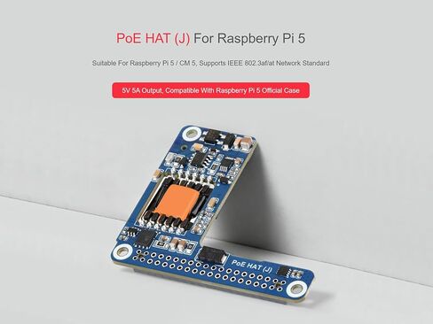Power Over Ethernet PoE/PoE+ HAT for Raspberry Pi 5 / CM 5, IEEE 802.3af/at Network Standard, 5V 5A Output, Isolated SMPS, Compatible with Raspberry Pi 5 Official Case and Active Cooler in Saudi Arabia