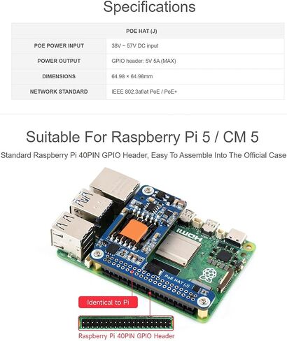 Power Over Ethernet PoE/PoE+ HAT for Raspberry Pi 5 / CM 5, IEEE 802.3af/at Network Standard, 5V 5A Output, Isolated SMPS, Compatible with Raspberry Pi 5 Official Case and Active Cooler in Saudi Arabia