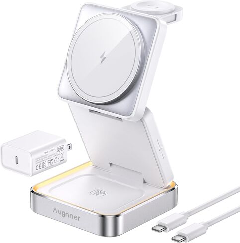 Augnner 3 in 1 Wireless Charging Station for Apple Devices, 15W Foldable Travel Magnetic Charger Stand for Magsafe with Night Light, for iPhone 17/16/15/14/13/12, Apple Watch & AirPods（20W Adapter ） in Saudi Arabia