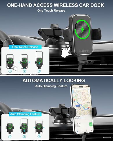 Wireless Car Charger,15W Fast Charging Auto-Clamping Car Phone Mount in Saudi Arabia