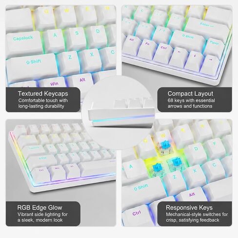 68-Key Gaming Keyboard, White Compact Gaming Keyboard Multicolor Backlight and Detachable USB Cable for PC Laptop Office Gaming in Saudi Arabia